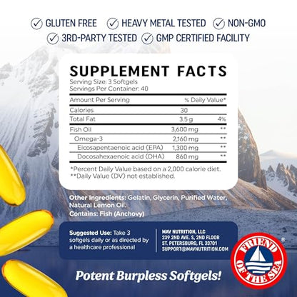 Triple Strength DHA Omega-3 3600mg | 120 Count | Wild-Caught Burpless