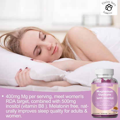 Magnesium Glycinate Gummies 400mg + Inositol 500mg for Women – Sleep & Stress Support, Sugar Free, Gluten Free, Vegan | 60 Gummies