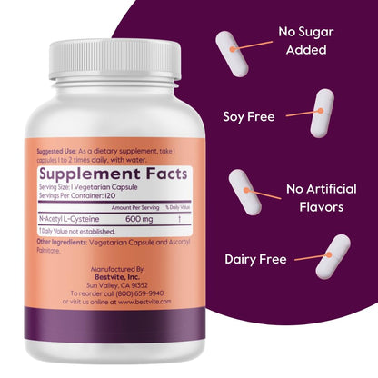 N-Acetyl L-Cysteine (NAC) 600mg Per Capsule (120 Vegetarian Capsules) - No Stearates - Vegan - No Fillers - No Silica - No Gelatin - Gluten Free - Non GMO