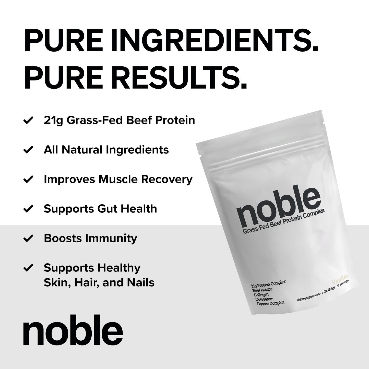 Noble Grass-Fed Beef Protein Powder with Collagen & Colostrum – Vanilla, 30 Servings | Keto & Gluten-Free