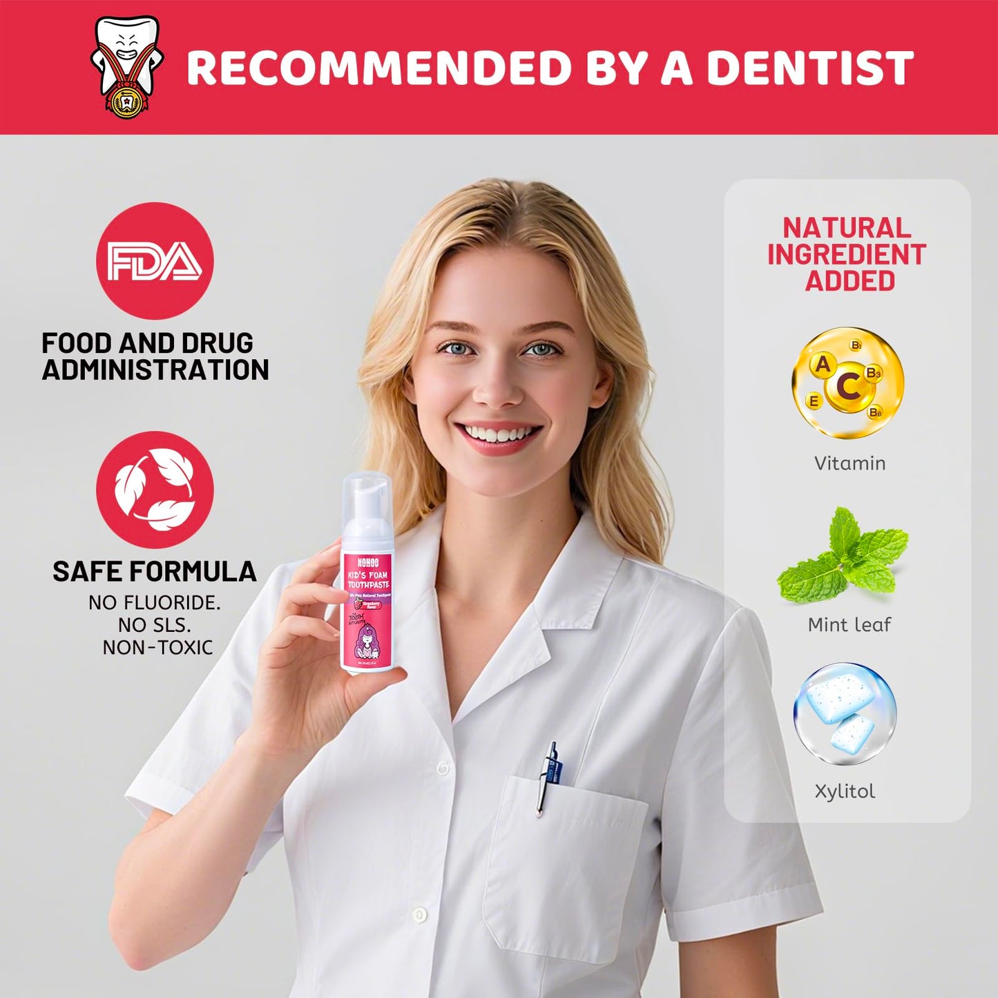 NOHOO Fluoride-Free Foam Toothpaste for Kids – Strawberry & Watermelon