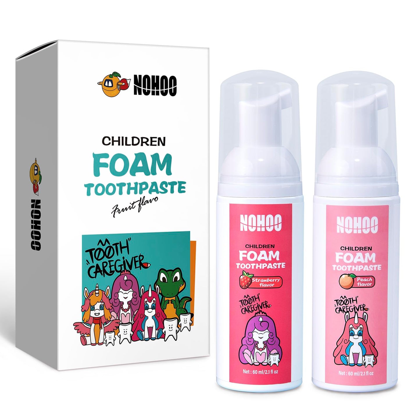NOHOO Fluoride-Free Foam Toothpaste for Kids – Strawberry & Peach Flavors