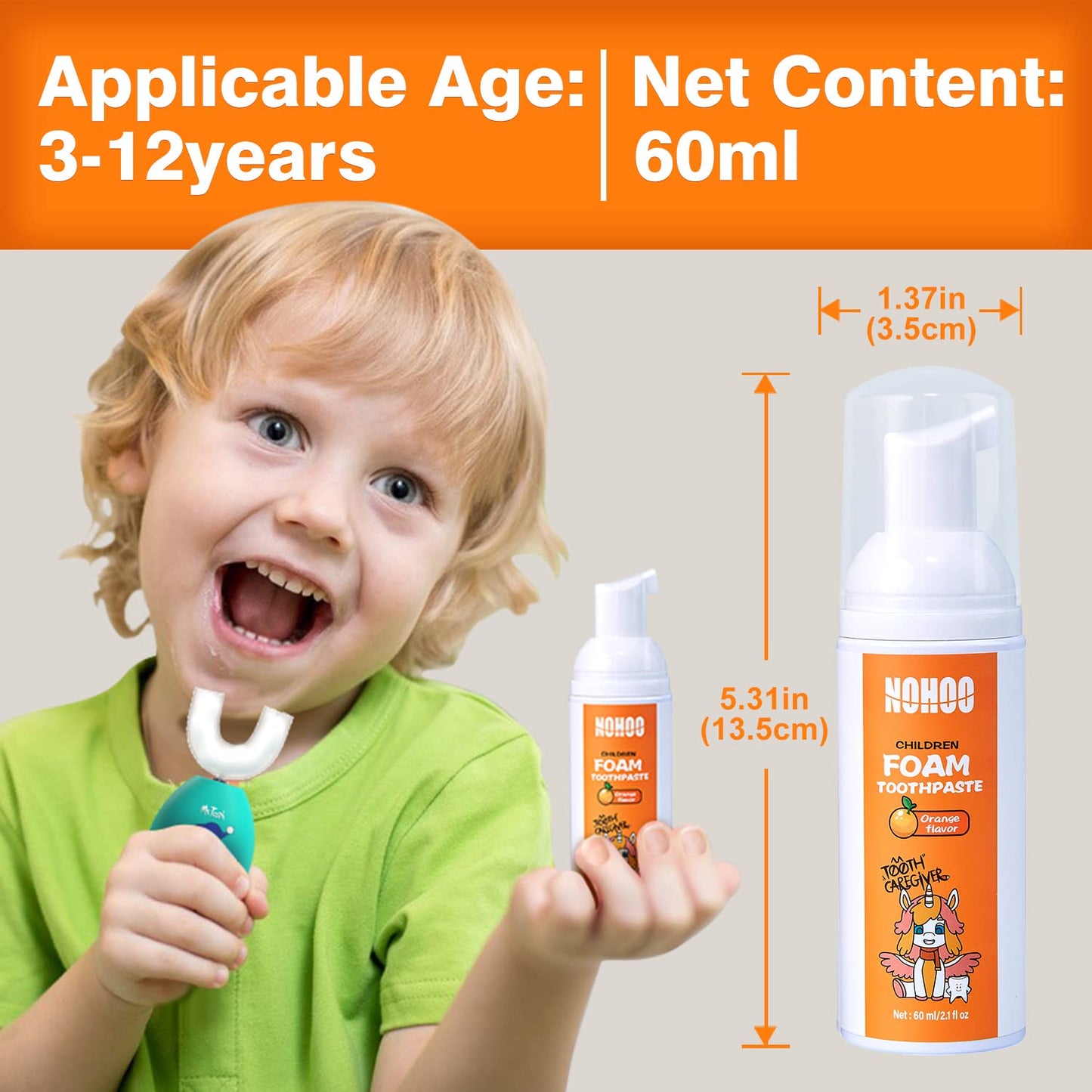 NOHOO Fluoride Free Foam Toothpaste for Kids Orange Flavor – 2 Pack