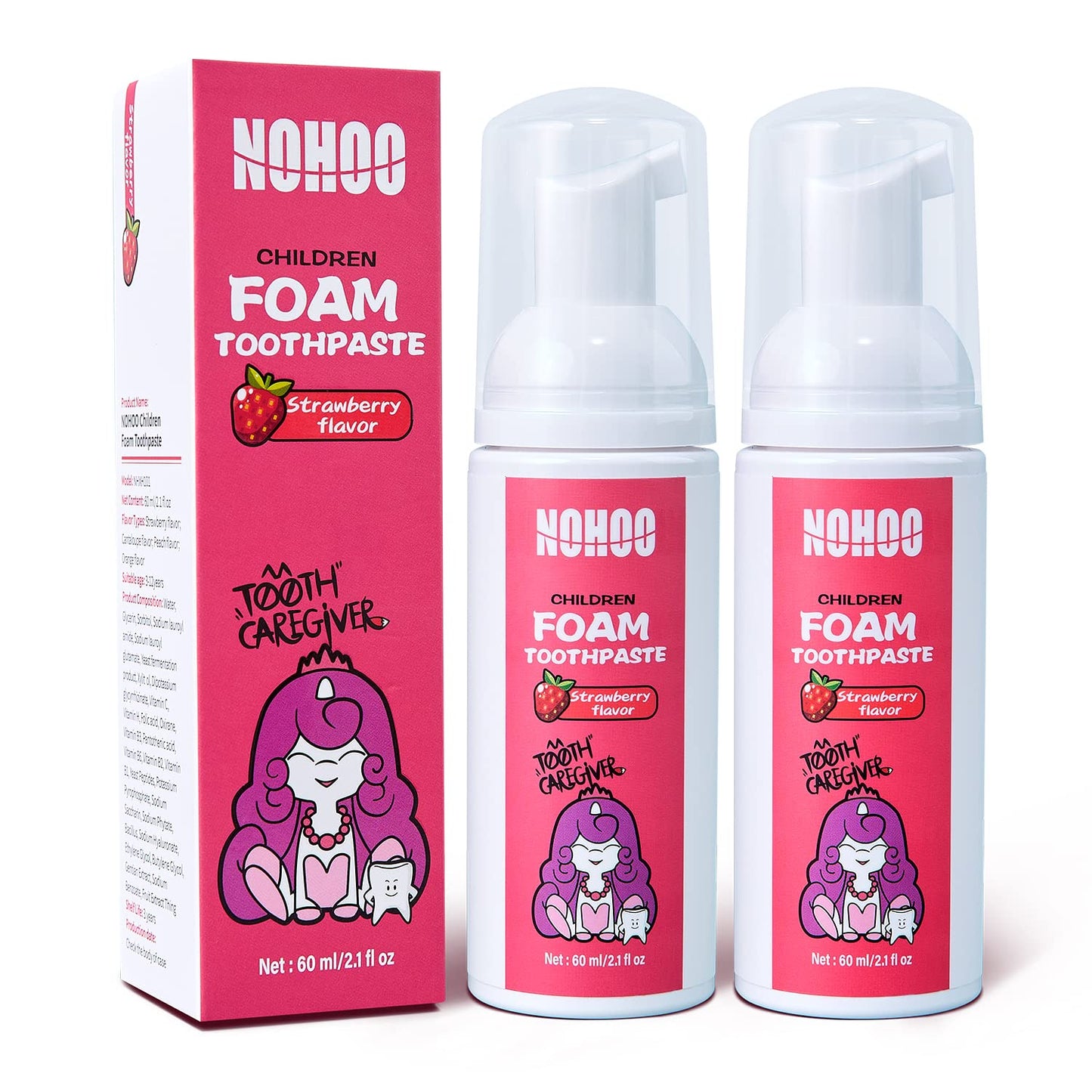 NOHOO Fluoride-Free Strawberry Foam Toothpaste for Kids (2-Pack) - Gentle Training Toothpaste