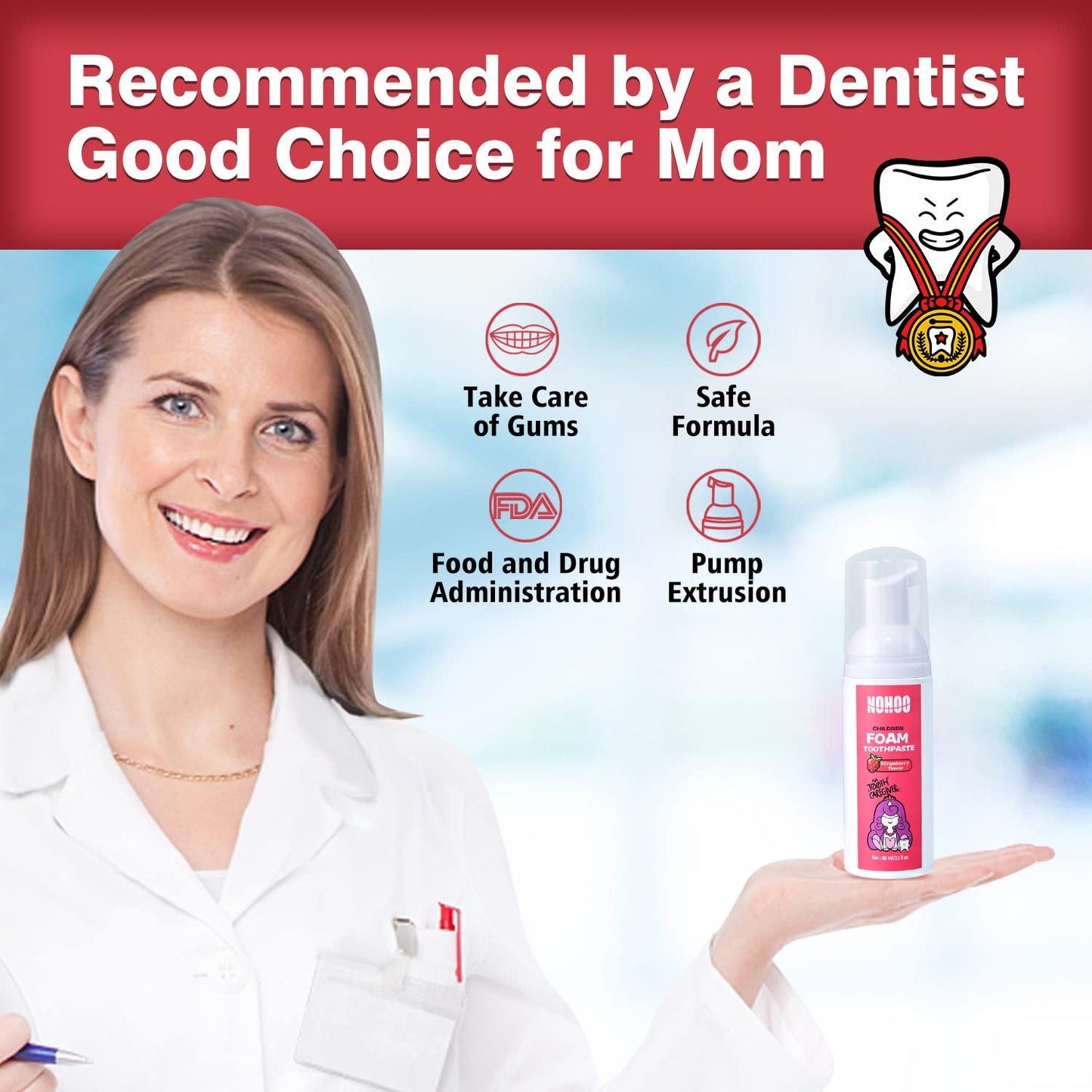 NOHOO Fluoride-Free Strawberry Foam Toothpaste for Kids (2-Pack) - Gentle Training Toothpaste