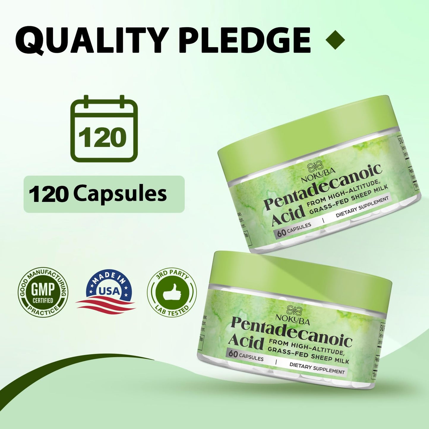 Nokuba Pentadecanoic Acid C15:0 300mg – High-Altitude Sheep Milk Sourced, 120 Capsules | USA Made