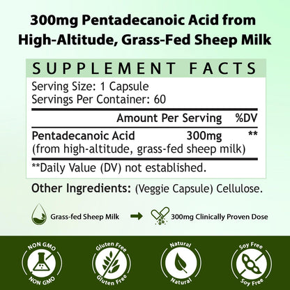 Nokuba Pentadecanoic Acid C15:0 300mg – High-Altitude Sheep Milk Sourced, 120 Capsules | USA Made