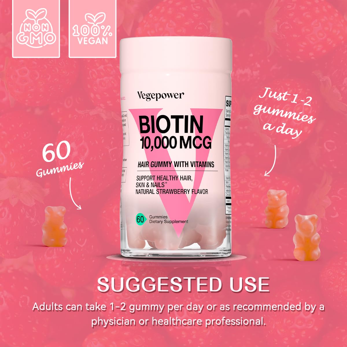 Biotin Gummies 10000mcg - Vegan Hair Growth Gummies for Women & Girls | Strawberry, Non-GMO, 120 Bears