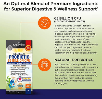 Probiotic 65 Billion with Prebiotic – Digestive Health Capsules (30ct) | Lactobacillus Acidophilus