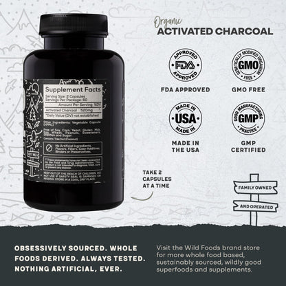 Wild Foods Activated Charcoal Capsules – 100% Organic Coconut Shells, Made in USA (120 Ct)