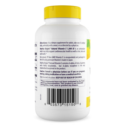 Healthy Origins Vitamin E 1,000 IU – Natural, Non-GMO, Gluten Free | Skin & Heart Health | 240 Softgels