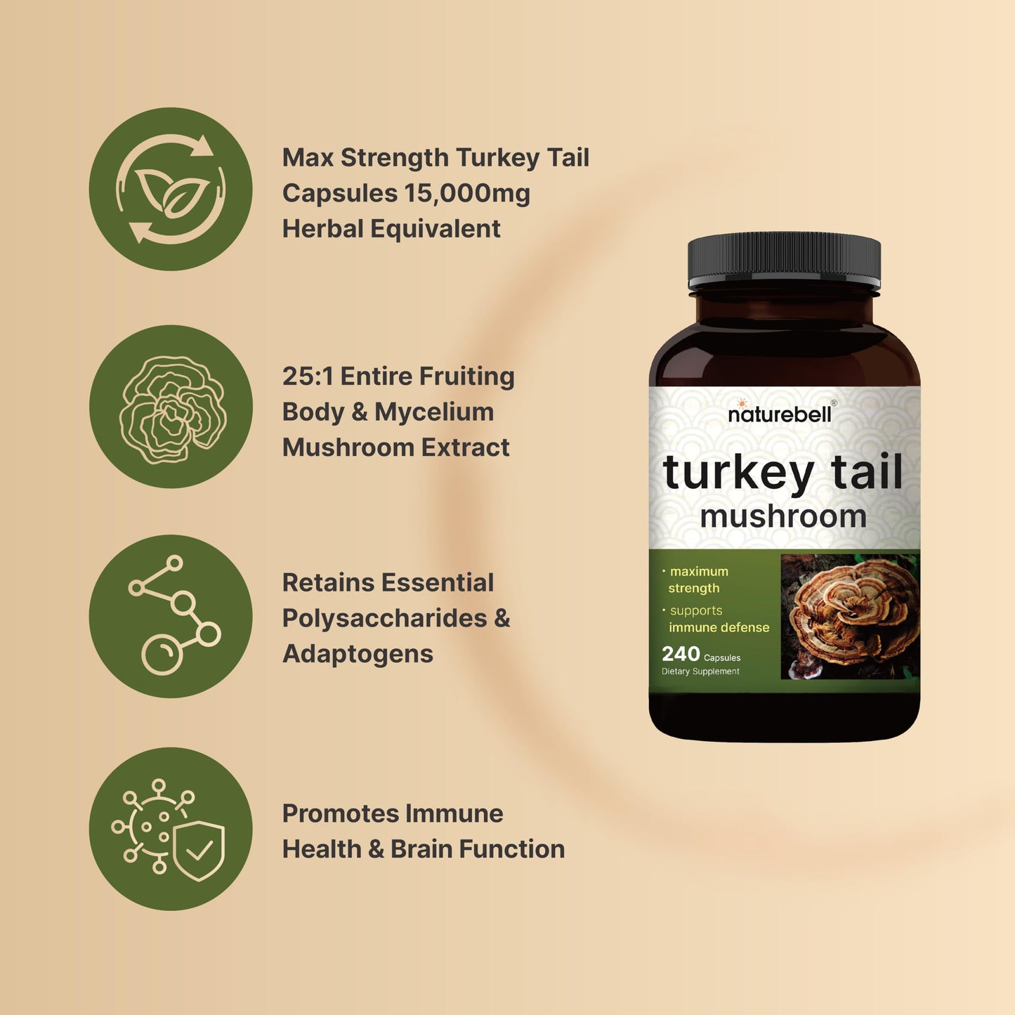 NatureBell Turkey Tail Mushroom Capsules – 15,000mg/Serving, 240 Count, 25:1 Extract (Pack of 2) | Immune & Brain Health