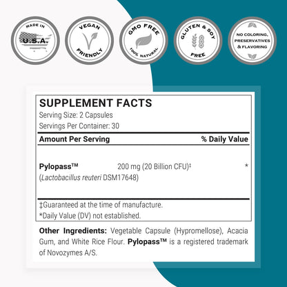 Supersmart H. Pylori Formula – 20 Billion CFU Daily Probiotic (Pylopass DSM17648)