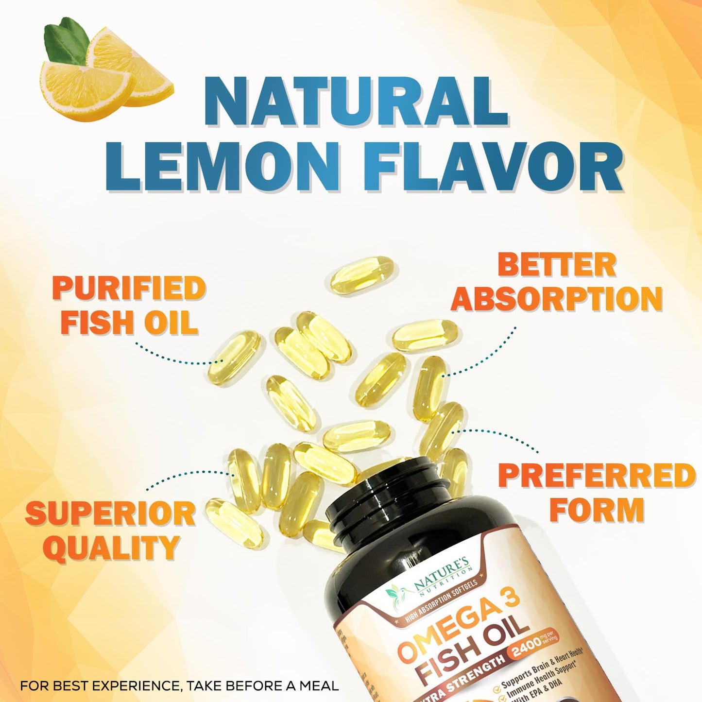 Omega 3 Fish Oil 2400 mg – Triple Strength EPA & DHA | Burpless Lemon, 180 Softgels