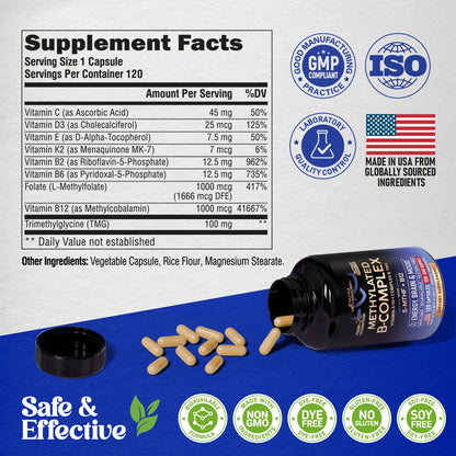 Vitamin B Complex Methylated – 9-in-1 B Vitamins for Energy, Brain & Mood | Vegan | Made in USA | 120 Capsules