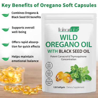 Oil of Oregano with Black Seed Oil - 6000mg Oregano Oil Capsules, Organic, Non-GMO, Gluten Free, 120 Softgels