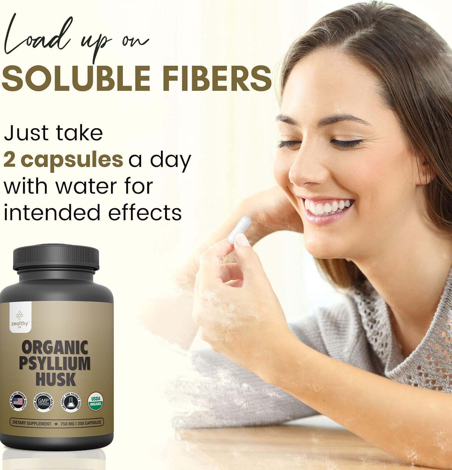 Organic Psyllium Husk Capsules 750 mg – Natural Fiber for Gut Health | Zealthy Life, 250 Capsules
