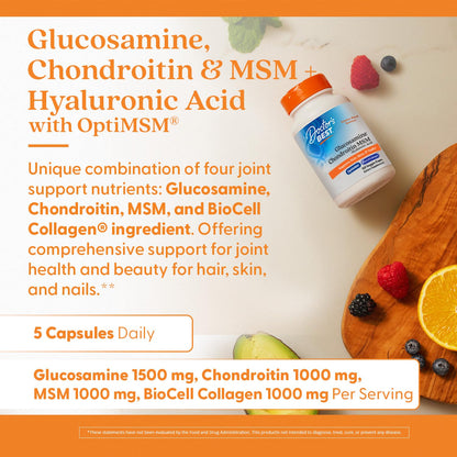 Doctor's Best Glucosamine Chondroitin MSM + Hyaluronic Acid with OptiMSM Featuring Biocell Collagen, 150 Caps | Joint Health & Beauty Support