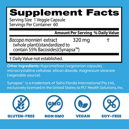 Doctor's Best Bacopa with Synapsa – Supports Cognitive Performance | Non-GMO, Gluten Free, Soy Free, Vegan | 60 Veggie Caps