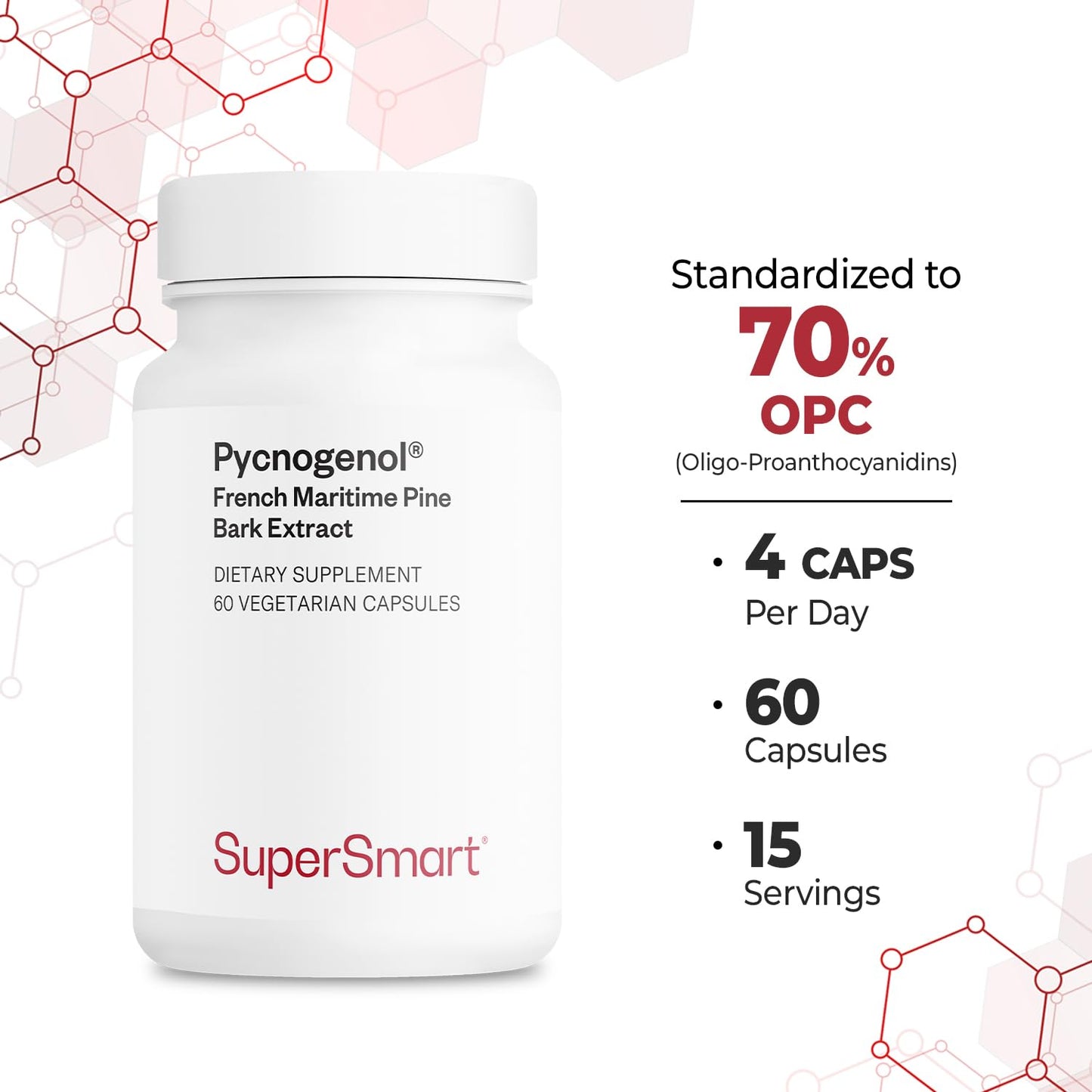 Supersmart Pycnogenol 200mg/day – French Pine Bark Extract, 60 Vegetarian Capsules | Patented & Highly Bioavailable | Non-GMO & Gluten Free