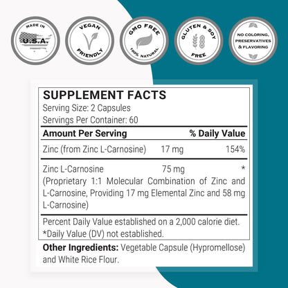 SuperSmart - Zinc L-Carnosine 75mg per Day (Well-Tolerated) - Zinc Carnosine Supplement | Non-GMO & Gluten Free - 120 Vegetarian Capsules