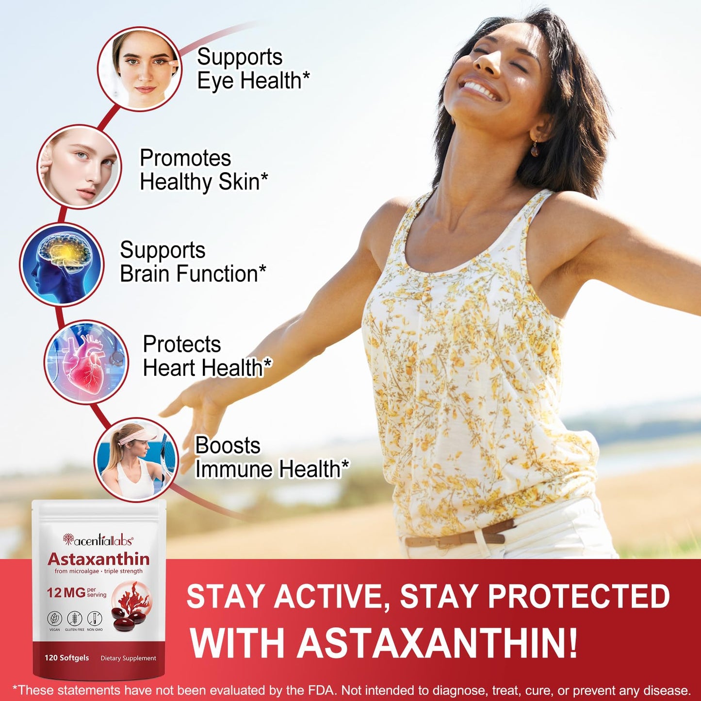 Astaxanthin 12mg Softgels 120 - Premium Antioxidant (Non-GMO & Gluten-Free) for Eye, Skin & Immune Support
