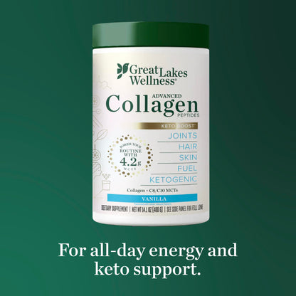 Great Lakes Wellness Keto Boost Collagen Peptides Powder – Vanilla, 14.1 oz | 4.2g MCTs, Non-Dairy Coffee Creamer, Non-GMO, Kosher