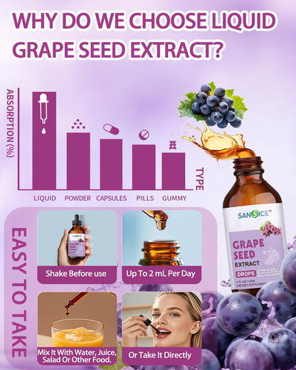Organic Grape Seed Extract Liquid Drops 300mg – 95% Proanthocyanidins, Non-GMO, 4 fl oz