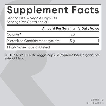 Sports Research Creatine Monohydrate Capsules - 5g per Serving, 30 Servings | Non-GMO, Vegan Certified
