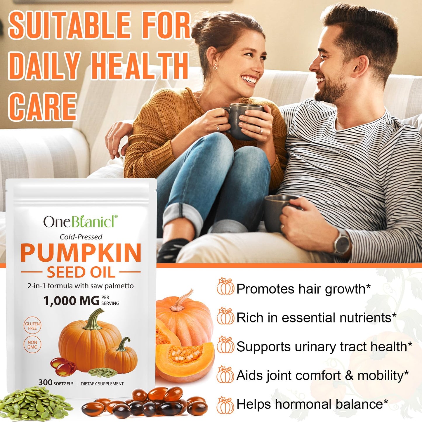 Pumpkin Seed Oil Softgels 300 Count – 1000mg per Serving with Saw Palmetto | Prostate, Urinary & Hair Health | Non-GMO