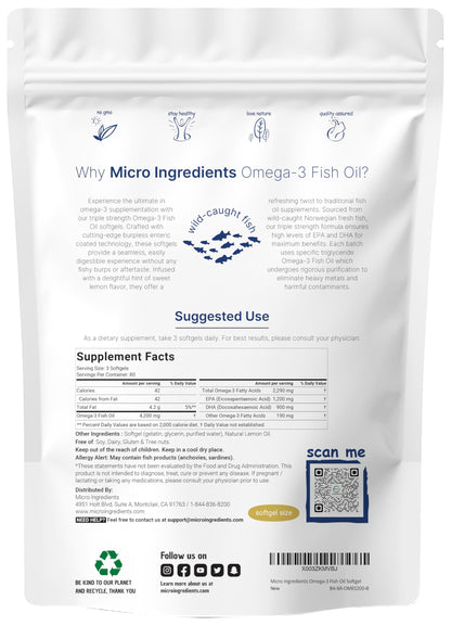 Micro Ingredients Triple Strength Omega-3 Fish Oil – 4200mg/Serving, 240 Softgels (Lemon, Burpless) | EPA 1200mg + DHA 900mg