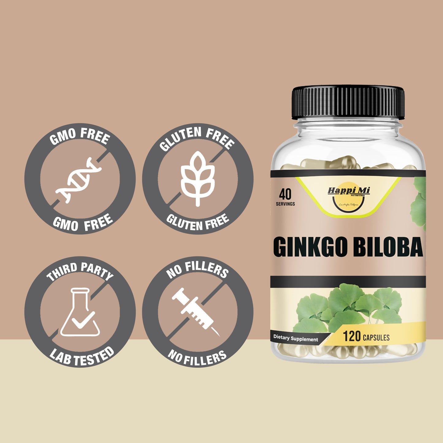 Happi Mi Nutrition Ginkgo Biloba 1800mg – Organic for Memory & Brain Function, 120 Veggie Caps, Non-GMO