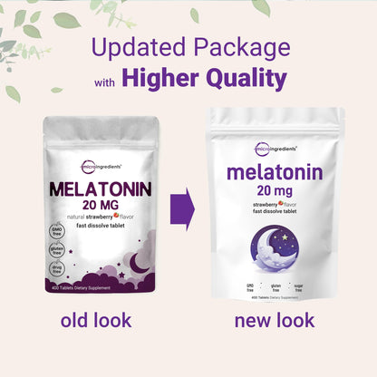 Micro Ingredients Melatonin 20mg, 400 Tablets | Natural Strawberry Flavor | Fast Dissolve | No Drug | Vegetarian Friendly | Non-GMO, No Gluten, Sugar Free