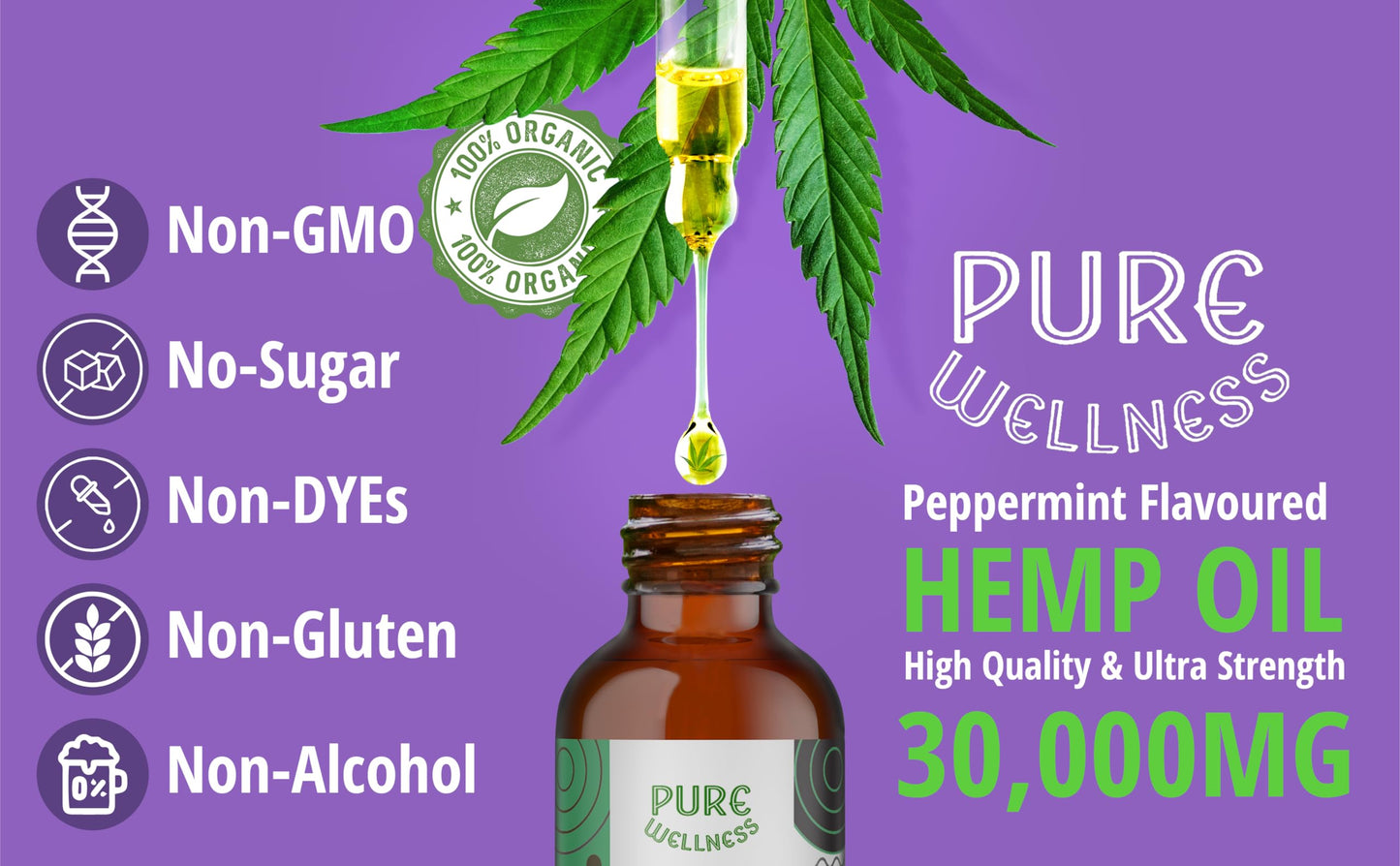 Organic Hemp Seed Oil (4 Oz) Peppermint, High Potency 30,000 mg | Non-GMO, Vegan