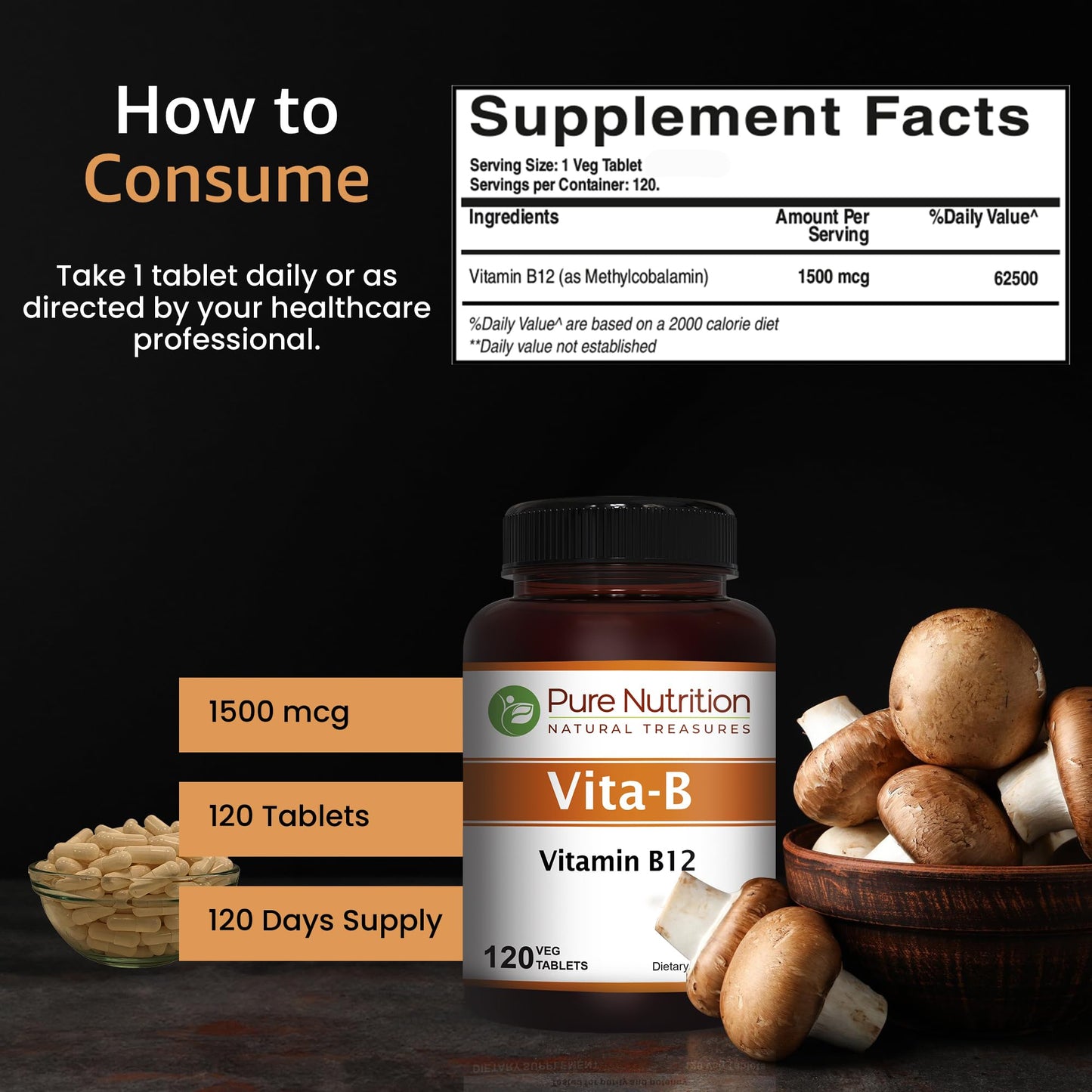 Pure Nutrition Vitamin B12 1500mcg Methylcobalamin | 120 Veg Tabs | Non-GMO