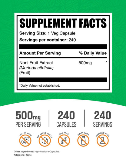 BulkSupplements Noni Extract Capsules 500mg – Gluten Free, 240 Veg Capsules