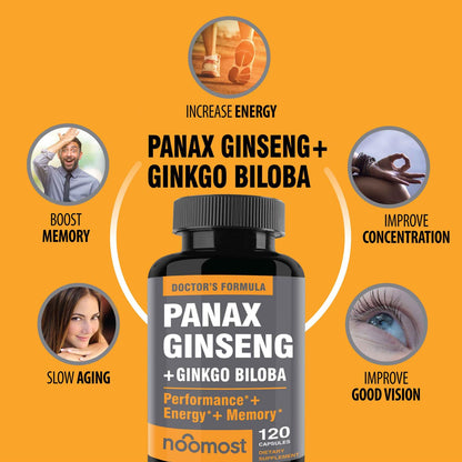 NooMost Korean Red Panax Ginseng + Ginkgo Biloba – 120 Vegan Capsules