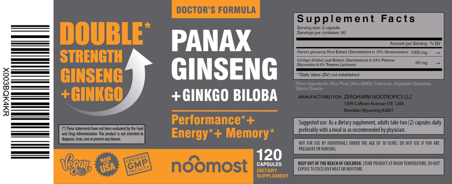 NooMost Korean Red Panax Ginseng + Ginkgo Biloba – 120 Vegan Capsules