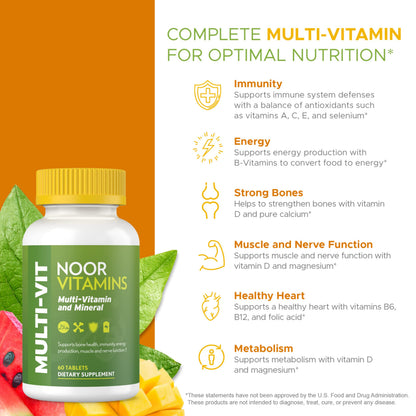 Noor Vitamins Halal Multivitamin – 30 Vitamins & Minerals, 60 Tablets, 2-Month Supply, Non-GMO