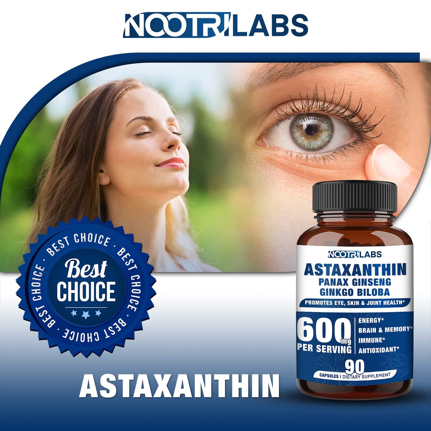 Nootrilabs Naturals Astaxanthin 15mg + Panax Ginseng + Ginkgo – 90 Vegan Capsules