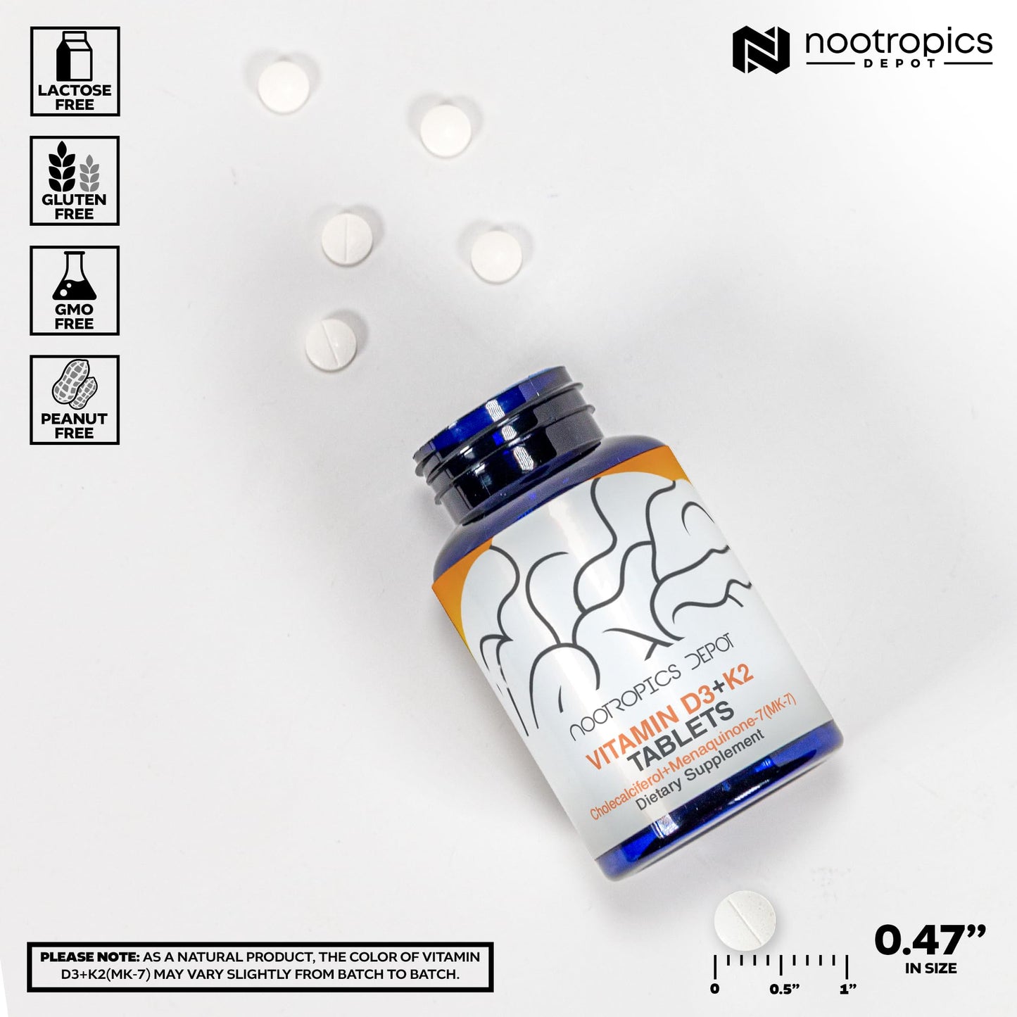 Nootropics Depot Vitamin D3 + K2 with Vitamin C Tablets – 365 Count, 125µg (5000 IU) Year Supply