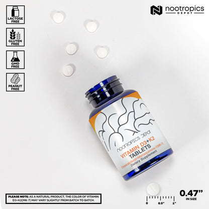 Nootropics Depot Vitamin D3 + K2 with Vitamin C Tablets – 365 Count, 125µg (5000 IU) Year Supply