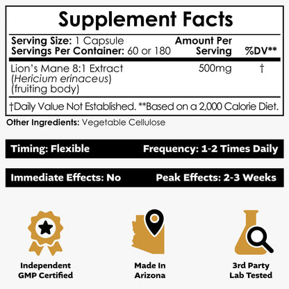 Nootropics Depot Lion's Mane Mushroom Capsules 500mg | 60 Count | 8:1 Dual Extract