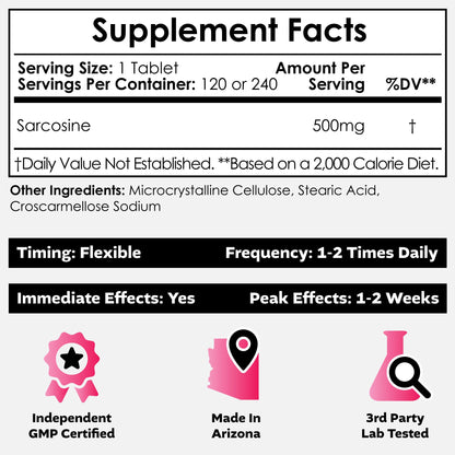 Nootropics Depot Sarcosine Tablets 500mg | 240 Count | Chewable