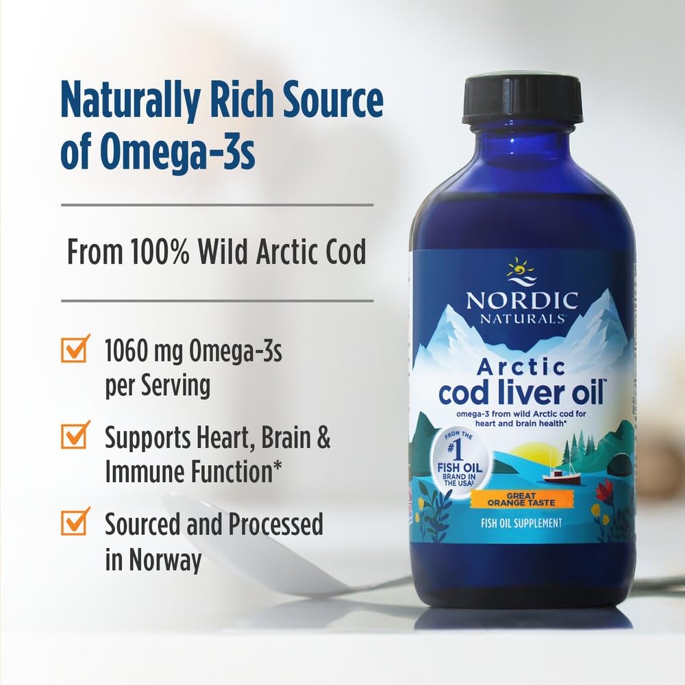 Nordic Naturals Arctic Cod Liver Oil Orange - 8 oz | 1060 mg Total Omega-3s (EPA & DHA) | Heart & Brain Health | Non-GMO | 48 Servings