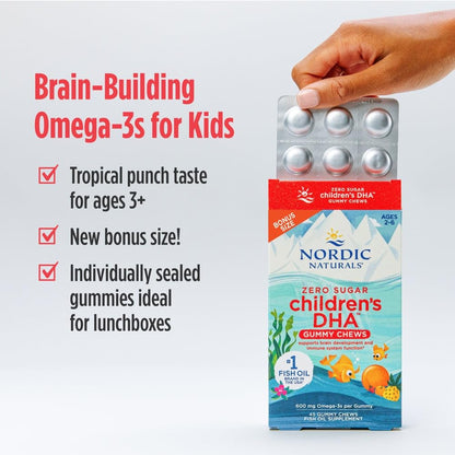 Nordic Naturals Zero Sugar Children’s DHA Gummy Chews - Tropical Punch, 45 Gummies | 600 mg Total Omega-3s
