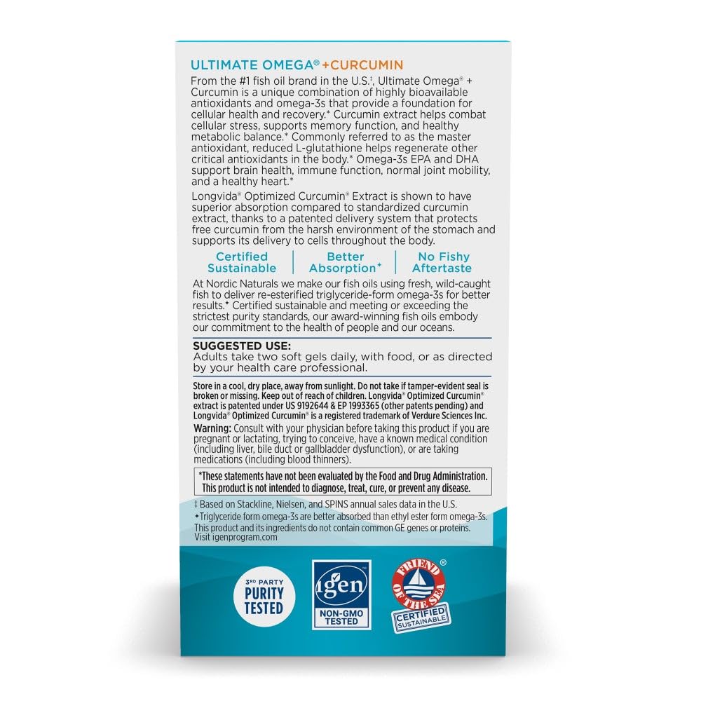 Nordic Naturals Omega Curcumin Lemon | 60 Soft Gels, 1200 mg Omega-3 + 400 mg Curcumin | Non-GMO