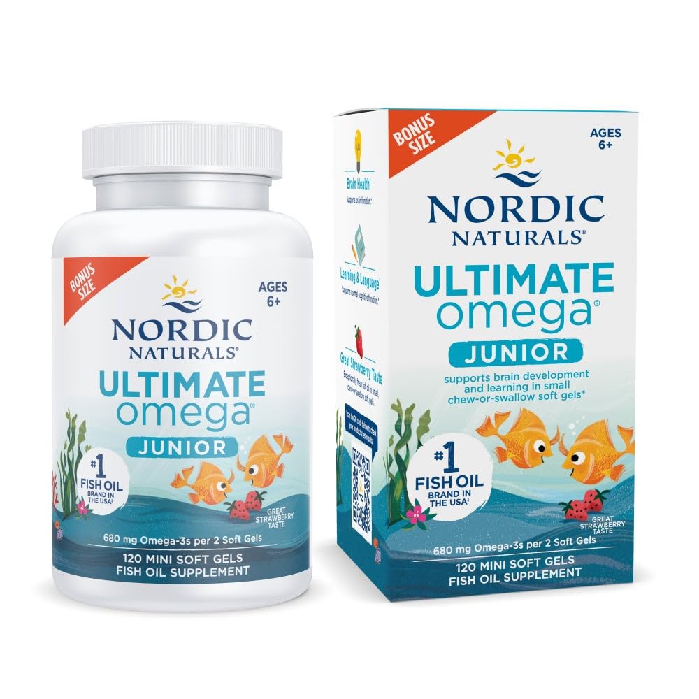 Nordic Naturals Ultimate Omega Jr. Strawberry - 120 Mini Soft Gels | 680 Total Omega-3s (EPA & DHA) | Brain Health & Learning