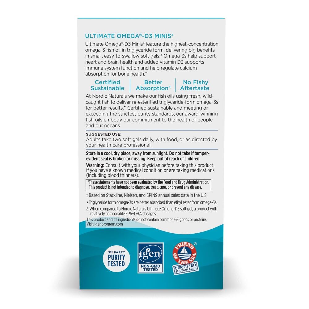 Nordic Naturals Ultimate Omega Mini D3 Lemon | 60 Mini Soft Gels, 1120 mg Omega-3 + 1000 IU Vitamin D3 | EPA & DHA | Brain & Heart Health | 30 Servings