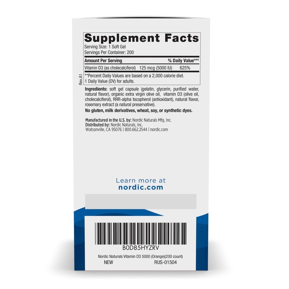 Nordic Naturals Vitamin D3 5000 IU Orange – 200 Mini Soft Gels | Supports Bones, Immunity & Mood | Vegetarian & Non-GMO